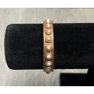 Genuine Leather Studded Bracelet Cuff Pink Stone Cabochon Boho Adjustable Women